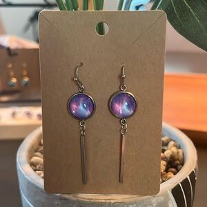Hand Crafted Purple and Pink Galactic Design Drop Earrings